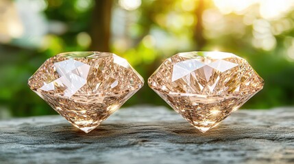 Sparkling Gemstones  Two Large Diamonds on a Wooden Surface with Blurred Green Background