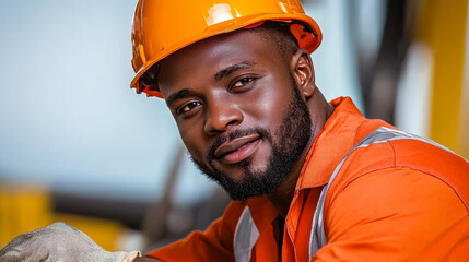 confident electrical engineer wearing orange safety uniform and helmet, showcasing professionalism and dedication in work environment