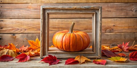 Wall Mural - A solitary pumpkin nestled within a weathered wooden frame, surrounded by vibrant autumn leaves on a rustic wooden surface.