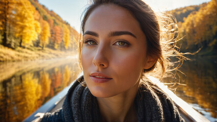 Wall Mural - Relaxed woman enjoying a scenic boat ride autumn reflections rippling tranquil river warm sunlight Cinematic