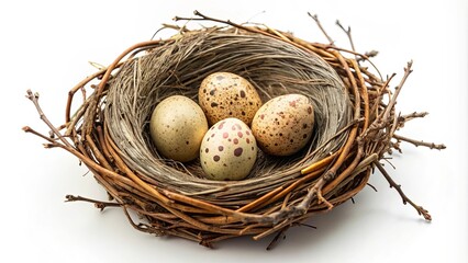 A delicate nest woven from branches, a sanctuary for speckled eggs, symbolizing new beginnings and the fragility of life.