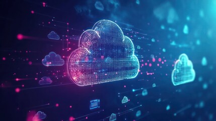 Poster - A data cloud technology background featuring floating cloud icons and data streams, symbolizing cloud computing and the future of data storage