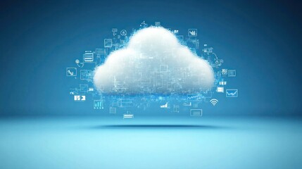 Poster - A data cloud technology background featuring floating cloud icons and data streams, symbolizing cloud computing and the future of data storage