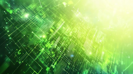 Poster - A data technology background for green tech industries, incorporating renewable energy symbols like solar panels and wind turbines, with data flow elements in eco-friendly tones of green and blue