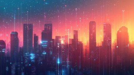 Poster - A data technology background for smart cities, displaying a vibrant cityscape with digital layers of data visualizations, IoT connections, and smart infrastructure in dynamic urban settings