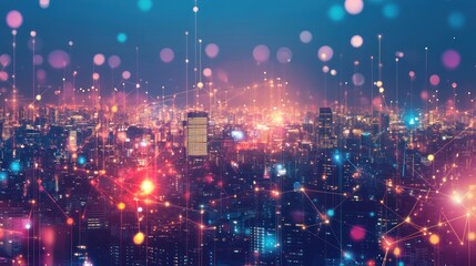 Poster - A data technology background for smart cities, displaying a vibrant cityscape with digital layers of data visualizations, IoT connections, 