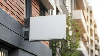 Blank White Sign Mounted on a Brick Wall of Building with a Tree and Building Behind it