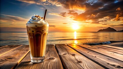 Poster - A refreshing iced coffee with whipped cream sits on a wooden dock, bathed in the golden light of a stunning sunset over the calm ocean.