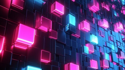 Wall Mural - Abstract background with glowing pink and blue cubes on a dark background.