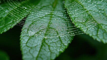 Dewy green leaf with intricate web pattern