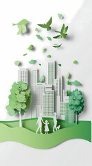 The concept of a green city and environment with a family. paper art and digital craft style.