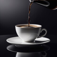 Black coffee pouring into a white cup dark background 