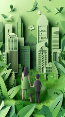 The concept of a green city and environment with a family. paper art and digital craft style.