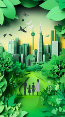 The concept of a green city and environment with a family. paper art and digital craft style.