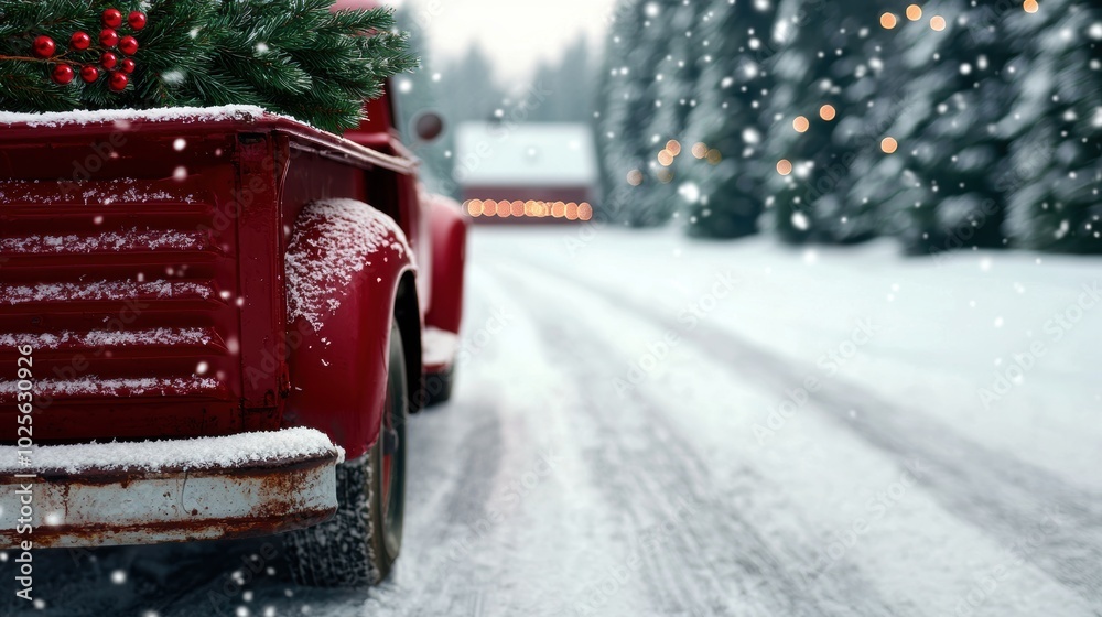 Snowy winter scene with a vintage red truck Stock Illustration | Adobe ...