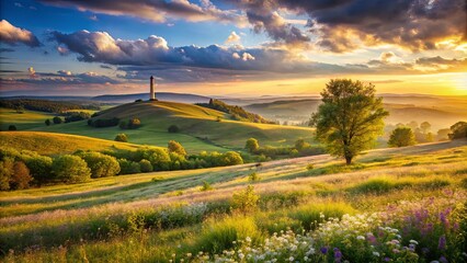 Canvas Print - A lone tower standing tall on a grassy hill, bathed in the golden light of the setting sun, with rolling hills and a solitary tree in the foreground, creating a serene landscape.