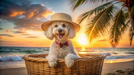 Poster - A joyful canine wearing a straw hat and bow tie sits in a wicker basket on a sandy beach, the golden sunset illuminating the scene.