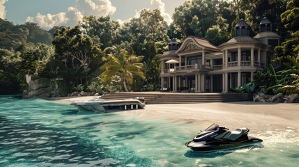 Poster - Luxury Mansion on a Tropical Island Beach with a Jet Ski