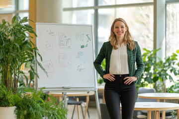 Woman presenting her strategy to her team during a business meeting, discussing goals and timelines for implementation. Female product manager working with her team in a professional office.
