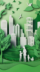 The concept of a green city and environment with a family. paper art and digital craft style.