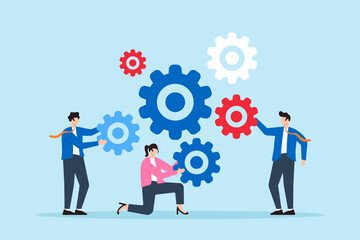 Poster - flat illustration of businessman and colleagues help connect cogwheels symbolizing teamwork and coll
