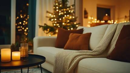 Wall Mural - Cozy Living Room with Holiday Decorations and Lights