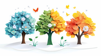 Tree isolated on white background, spring with flowers, summer with green leaves, autumn with yellow leaves, and winter with snow. Concept of nature and environment in paper cut cartoon style