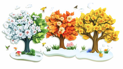 Tree isolated on white background, spring with flowers, summer with green leaves, autumn with yellow leaves, and winter with snow. Concept of nature and environment in paper cut cartoon style