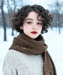 Sticker - winter portrait of a young woman with curly hair and makeup