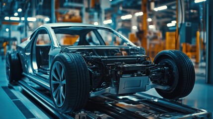 Poster - A detailed view of an industrial engineer for electric vehicle manufacturing, optimizing the production of electric cars, improving energy efficiency, 