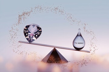 Wall Mural - a digital illustration of a scale with a large gemstone on one side and a single drop of water on th