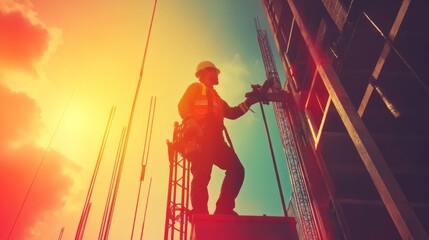 Poster - A dynamic action shot of a skilled construction worker, with a worker using precise tools and machinery, representing the expertise required for advanced construction tasks