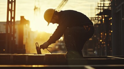 Poster - A dynamic action shot of a skilled construction worker, with a worker using precise tools and machinery, representing the expertise required for advanced construction tasks