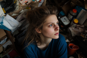 Wall Mural - Portrait of a burnout person looking exhausted, surrounded by a cluttered and messy workspace filled with papers and coffee cups, with copy space. Dim, moody lighting. Chaotic office background. 