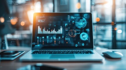 Poster - A dynamic path to success for digital entrepreneurs scene, featuring a digital workspace with a laptop, graphs, and digital marketing tools, symbolizing online business success