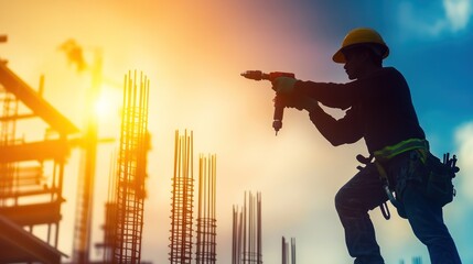 Poster - A focused construction worker with drill image, with the worker using a power drill or other specialized tool, set against the backdrop of a developing site
