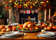 © rachid - Thanksgiving Dinner Table Setting with Roasted Turkey