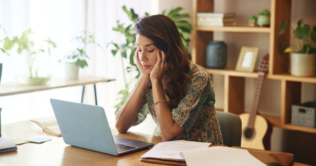 Aufkleber - Burnout, tired and woman with laptop in home with deadline for startup copywriting company. Fatigue, stress and exhausted female freelance journalist with computer for creative online blog website