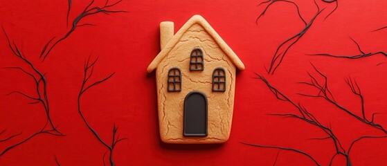 Spooky Haunted House Cookie on Red Background, A 3D Halloween Treat