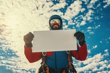skydiver holding blank altitude sign, with copy space