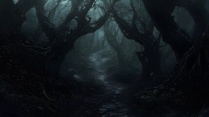 Wall Mural - a dark, oppressive forest with paths that lead nowhere: the trees are gnarled and twisted, with no v