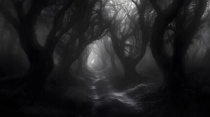 Wall Mural - a dark, oppressive forest with paths that lead nowhere: the trees are gnarled and twisted, with no v