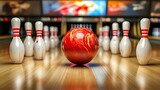 A red bowling ball sits in front of ten white bowling pins on a wooden lane, ready to be bowled.