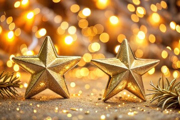 Wall Mural - golden stars with glitter and bokeh lights magical christmas