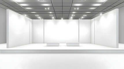 A white room with a stage and two white benches