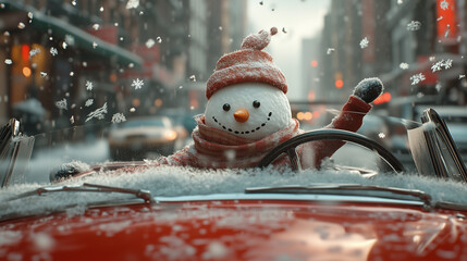 Wall Mural - Cheerful snowman driving a red convertible through a snowy city street, waving happily while snowflakes fall around, bringing a whimsical touch to the winter season. Image made using Generative AI