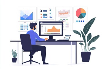 Poster - A Man Working on a Computer in an Office with Charts and Graphs on the Wall