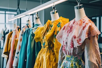 Wall Mural - Floral Patterned Dresses on Mannequins in a Fashion Store