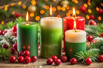 Canvas Print - four christmas candles with pine red berries and decorations on wooden table