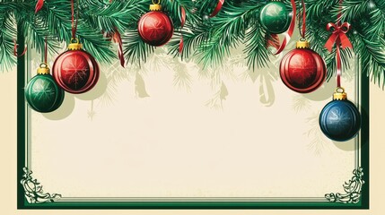 Festive ornaments on a Christmas voucher with a refined green border in vector.